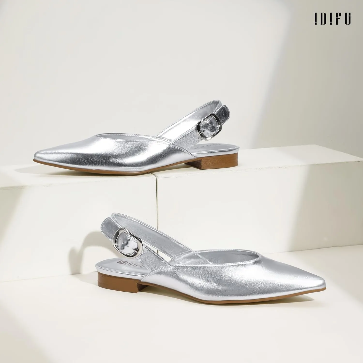 IDIFU Women's Flats Pointed Toe Slingback Dress Shoes for Women Comfortable Dressy Fashion Trendy Flat Shoes Work Bridal Wedding Office Cute Buckle Dress Flats