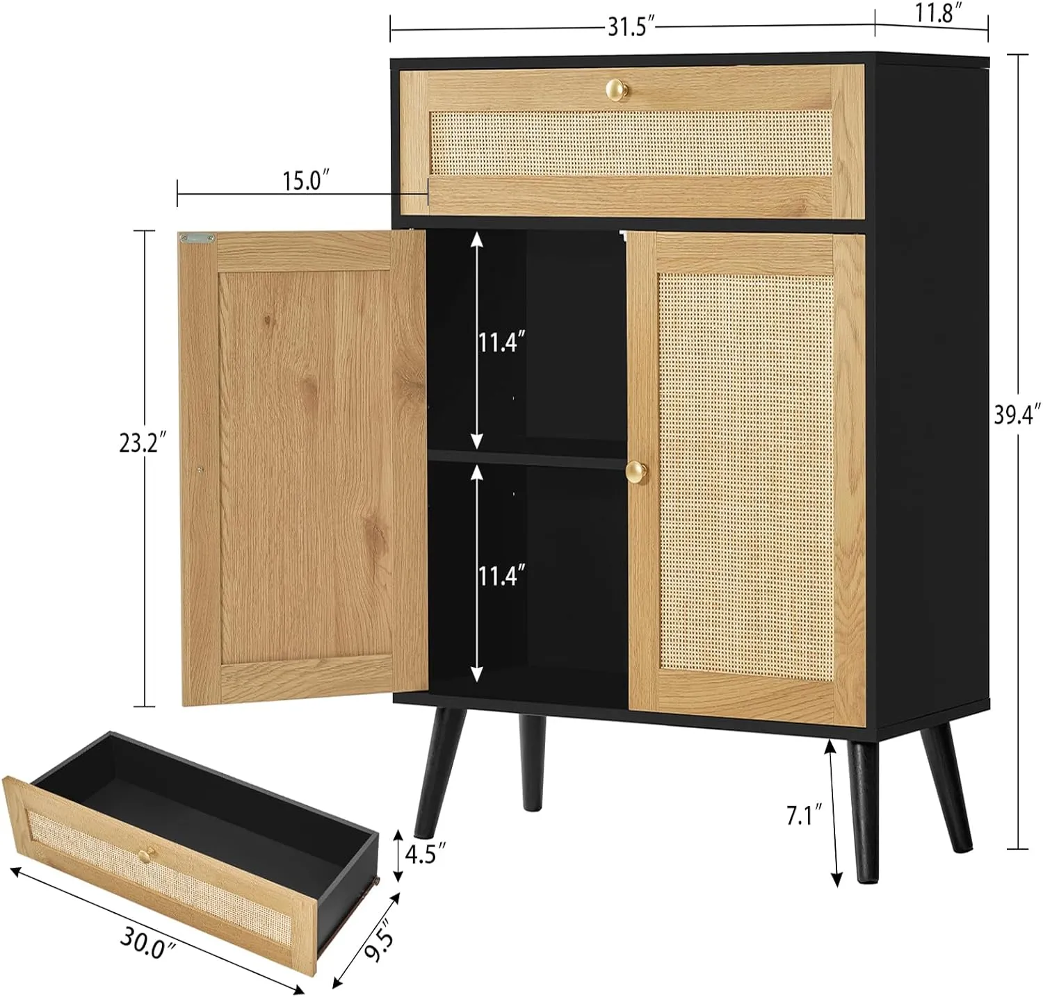 Iwell Storage Cabinet with Adjustable Shelf, Rattan Cabinet with Large Drawer, Accent Cabinet for Dining Room, Entryway, Living Room, Black