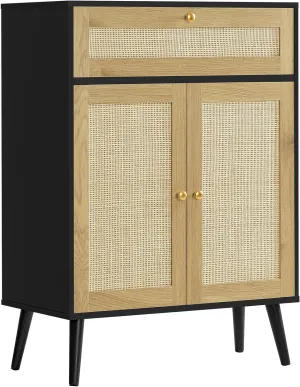 Iwell Storage Cabinet with Adjustable Shelf, Rattan Cabinet with Large Drawer, Accent Cabinet for Dining Room, Entryway, Living Room, Black