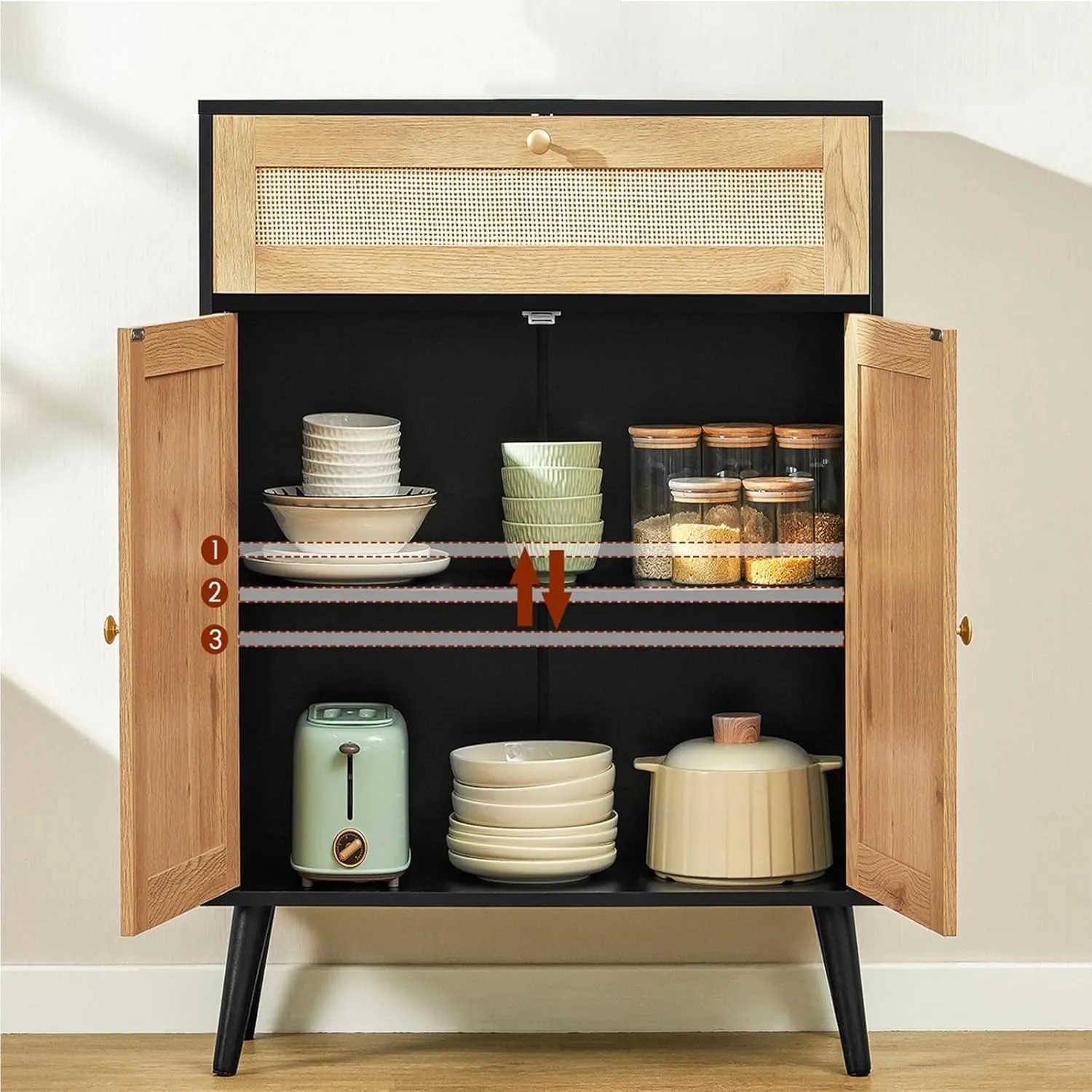 Iwell Storage Cabinet with Adjustable Shelf, Rattan Cabinet with Large Drawer, Accent Cabinet for Dining Room, Entryway, Living Room, Black