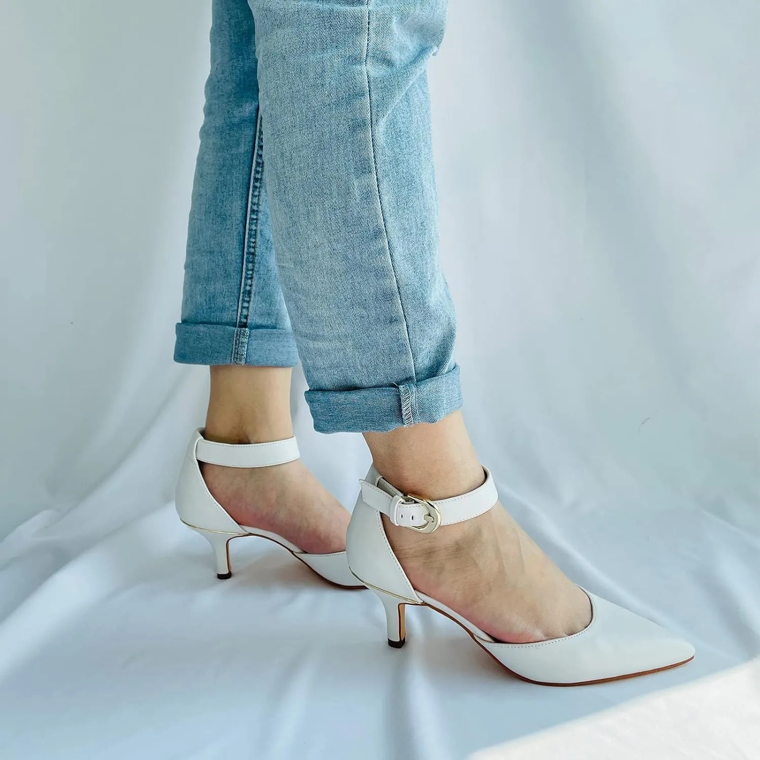 JENN ARDOR Women's Kitten Heel Pumps Ladies Closed Pointed Toe D'Orsay Ankle Strap Dress Stiletto