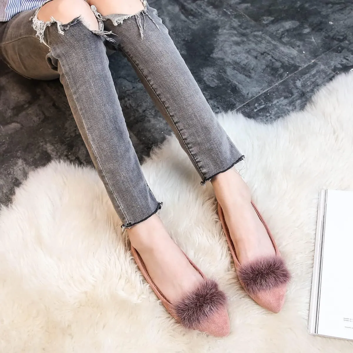 JiangWei Shu Women's Faux Fur Ballet Flats Winter Warm Pointed Toe Slip On Daily Walking Cozy Shoes