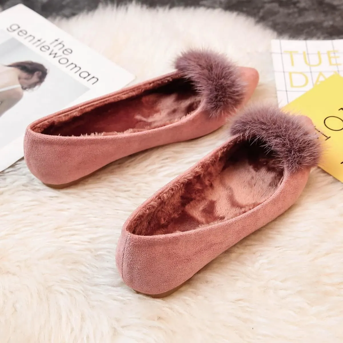 JiangWei Shu Women's Faux Fur Ballet Flats Winter Warm Pointed Toe Slip On Daily Walking Cozy Shoes