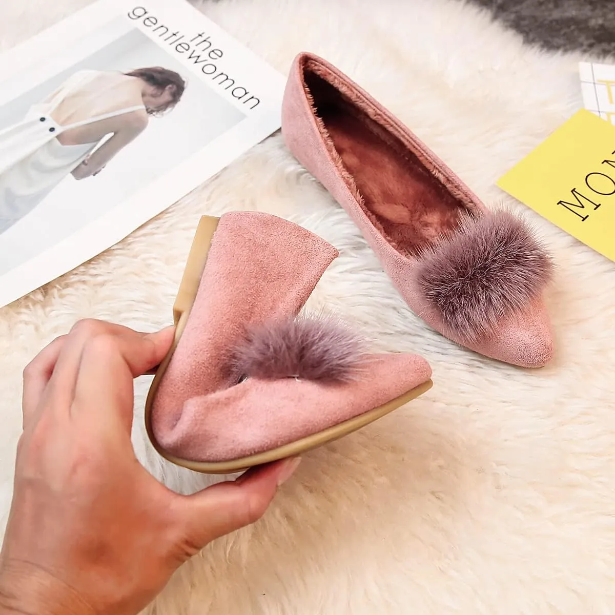 JiangWei Shu Women's Faux Fur Ballet Flats Winter Warm Pointed Toe Slip On Daily Walking Cozy Shoes