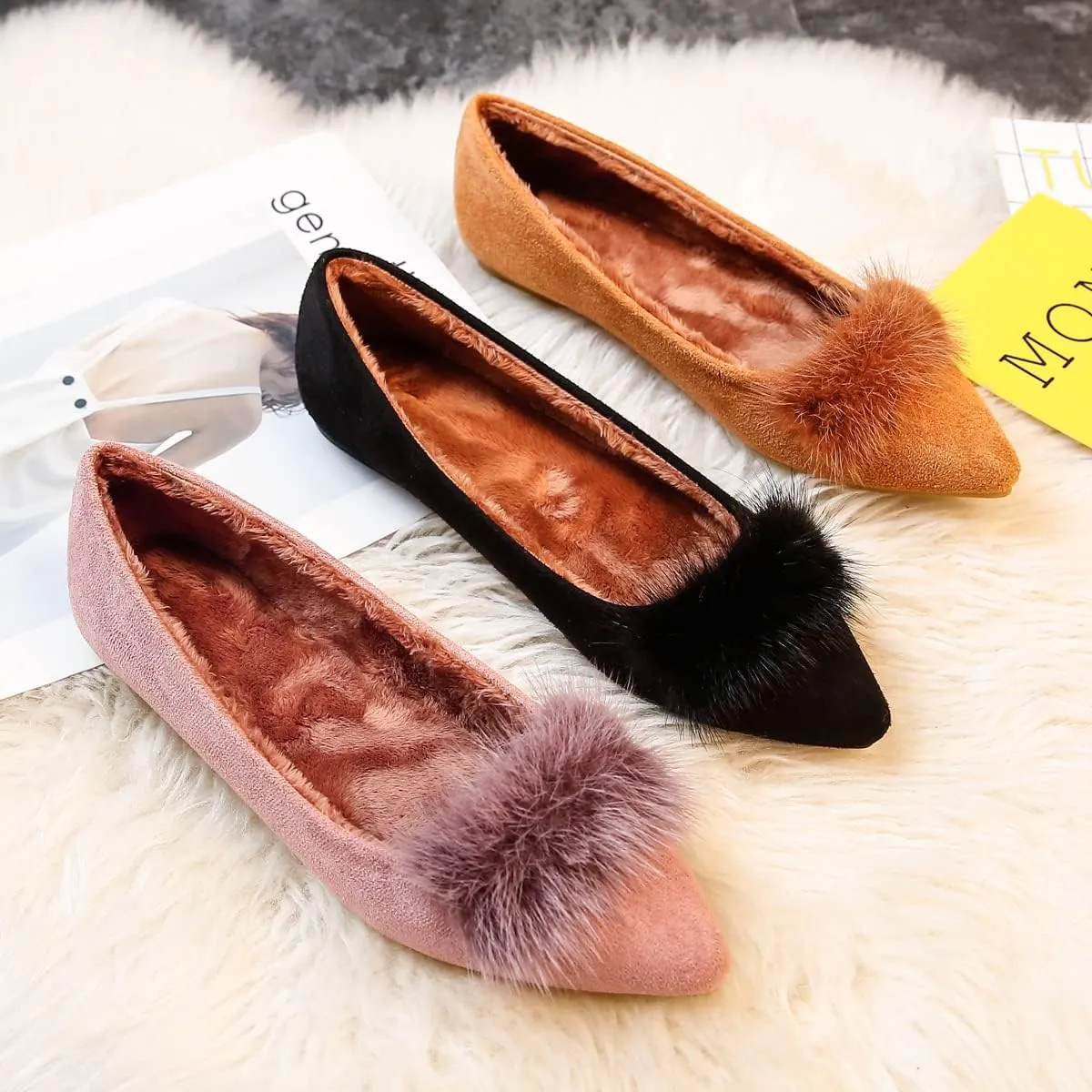 JiangWei Shu Women's Faux Fur Ballet Flats Winter Warm Pointed Toe Slip On Daily Walking Cozy Shoes