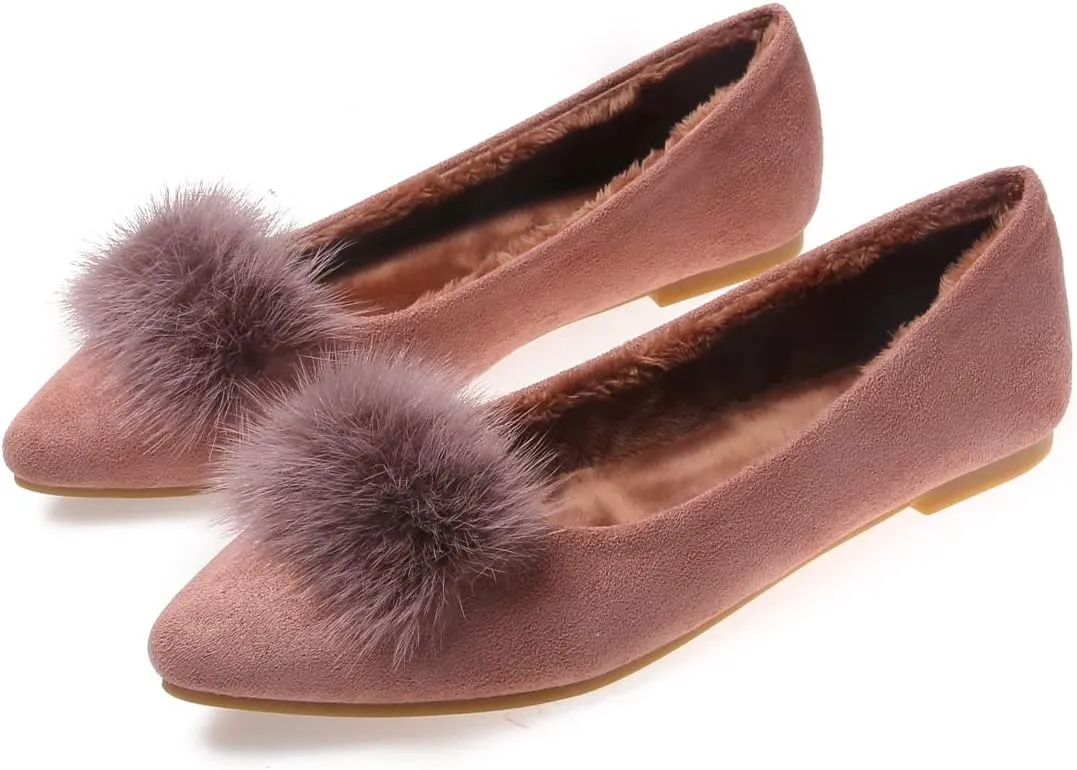 JiangWei Shu Women's Faux Fur Ballet Flats Winter Warm Pointed Toe Slip On Daily Walking Cozy Shoes