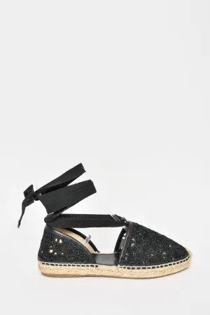 Jimmy Choo Black Eyelet Lace Up Espadrilles Size 36.5