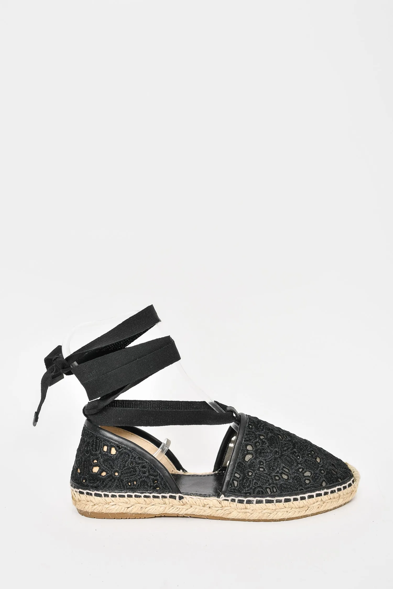Jimmy Choo Black Eyelet Lace Up Espadrilles Size 36.5