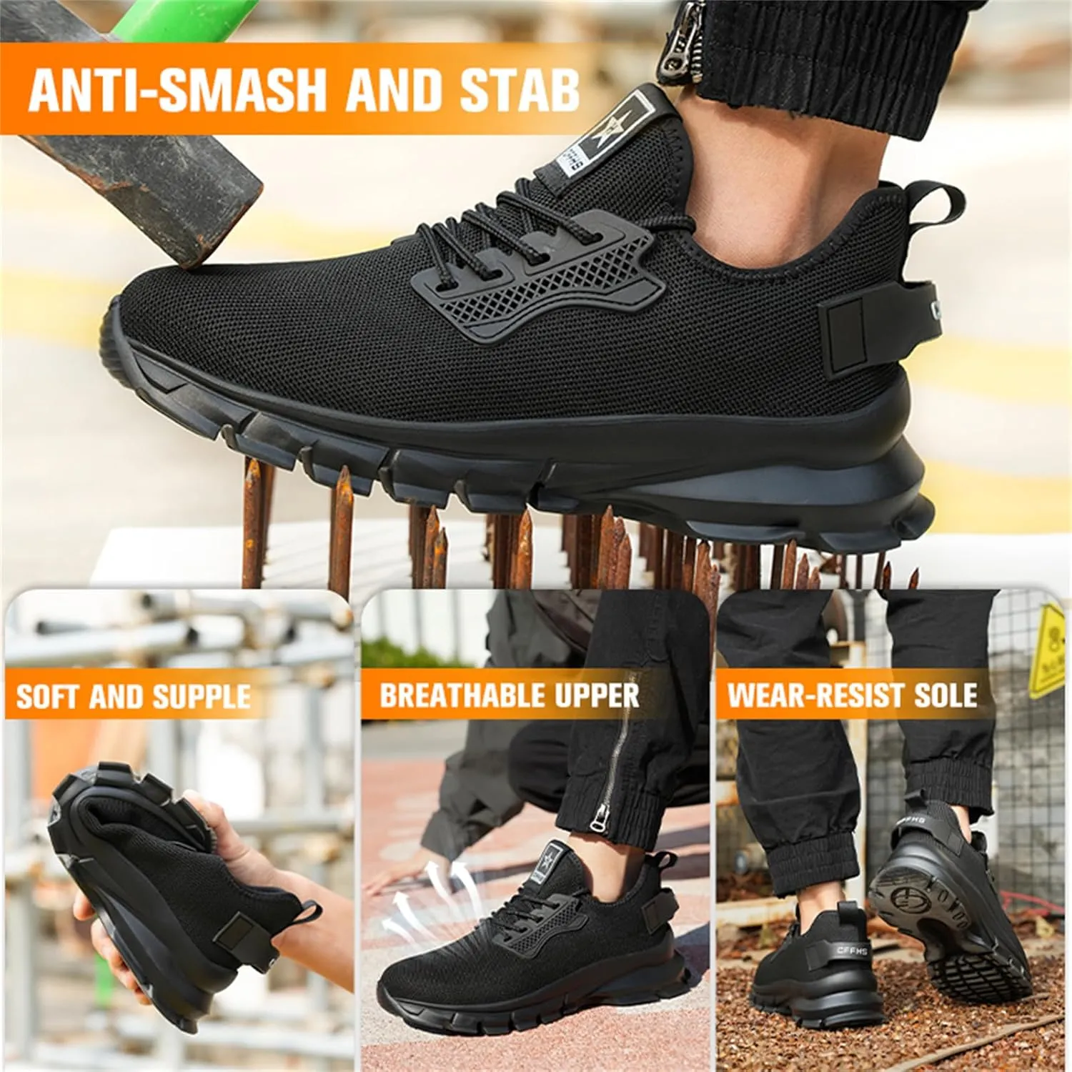JiuQing Safety Shoes Mesh Steel Toe Sneakers Non-Slip Reflective Lightweight Industrial Work Shoes Comfortable