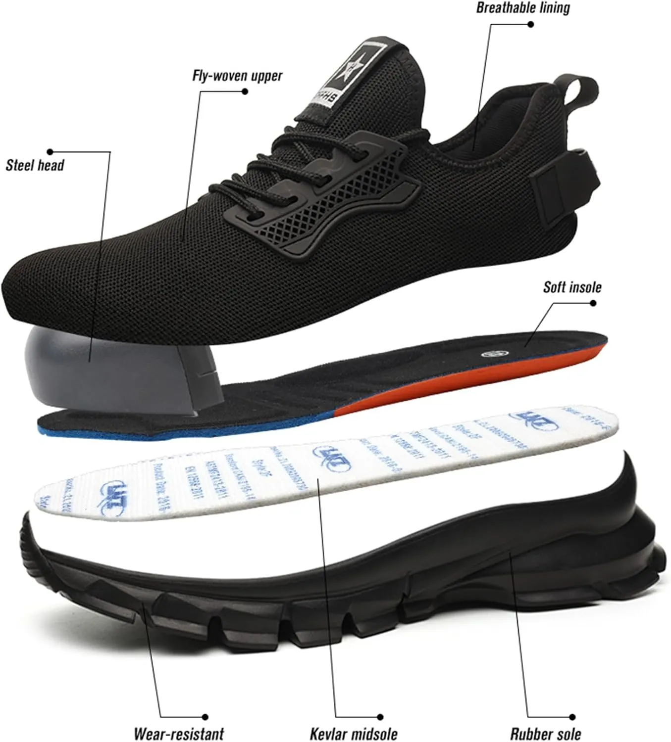 JiuQing Safety Shoes Mesh Steel Toe Sneakers Non-Slip Reflective Lightweight Industrial Work Shoes Comfortable