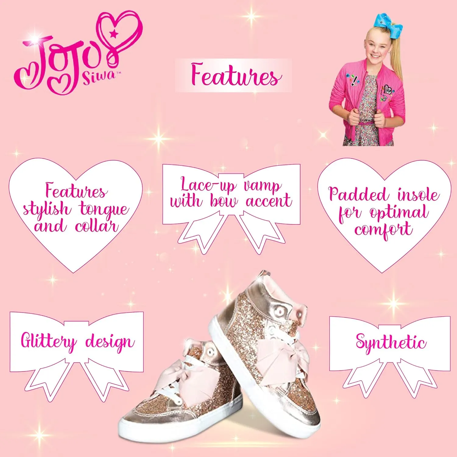 JoJo Siwa Girls High Top Fashion Sneakers, Rose Gold (Toddler, Little Kid)