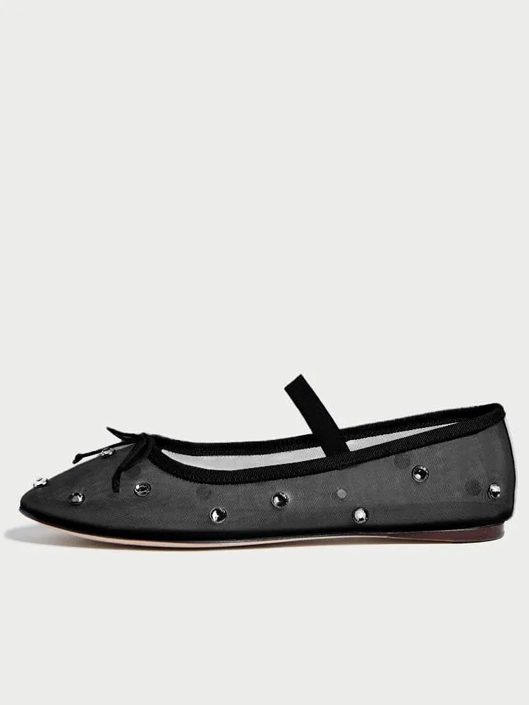 JORISTIMO Crystal Mesh Ballet Flats Stretch Band Snip Toe Ballerinas Flats Mary Jane