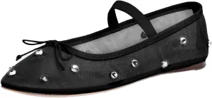 JORISTIMO Crystal Mesh Ballet Flats Stretch Band Snip Toe Ballerinas Flats Mary Jane