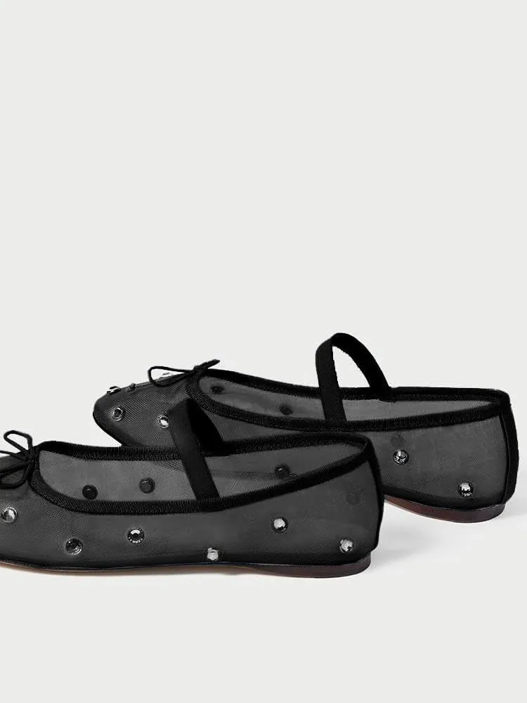 JORISTIMO Crystal Mesh Ballet Flats Stretch Band Snip Toe Ballerinas Flats Mary Jane