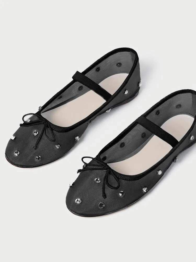 JORISTIMO Crystal Mesh Ballet Flats Stretch Band Snip Toe Ballerinas Flats Mary Jane