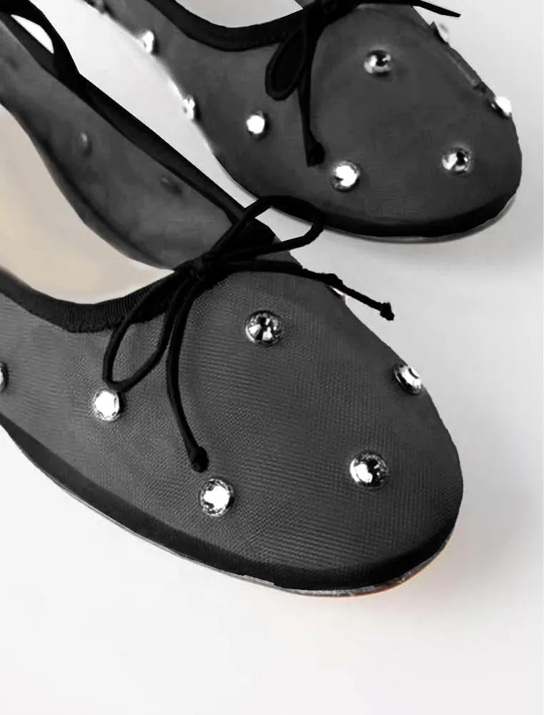 JORISTIMO Crystal Mesh Ballet Flats Stretch Band Snip Toe Ballerinas Flats Mary Jane