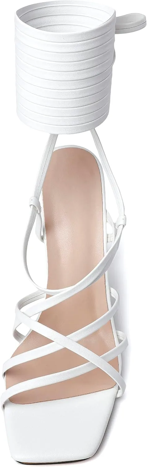 Joseywade Women's High Heel Sandals Open Square Toe Lace Up Heels 4" Strappy Stiletto Heels Wrap Up Tie Up Clear Heel Shoes