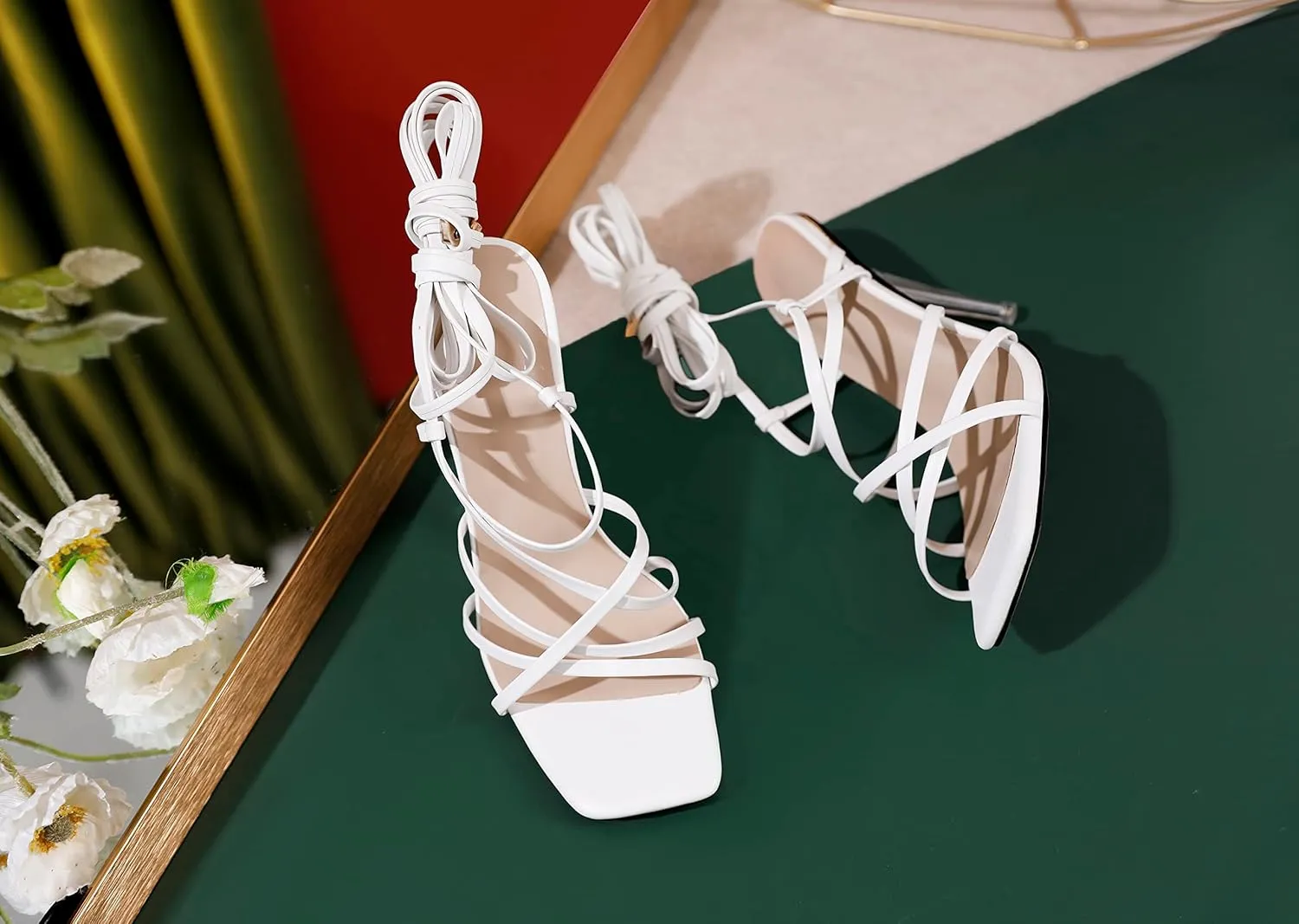 Joseywade Women's High Heel Sandals Open Square Toe Lace Up Heels 4" Strappy Stiletto Heels Wrap Up Tie Up Clear Heel Shoes