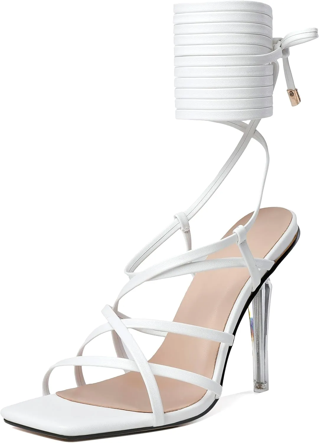 Joseywade Women's High Heel Sandals Open Square Toe Lace Up Heels 4" Strappy Stiletto Heels Wrap Up Tie Up Clear Heel Shoes