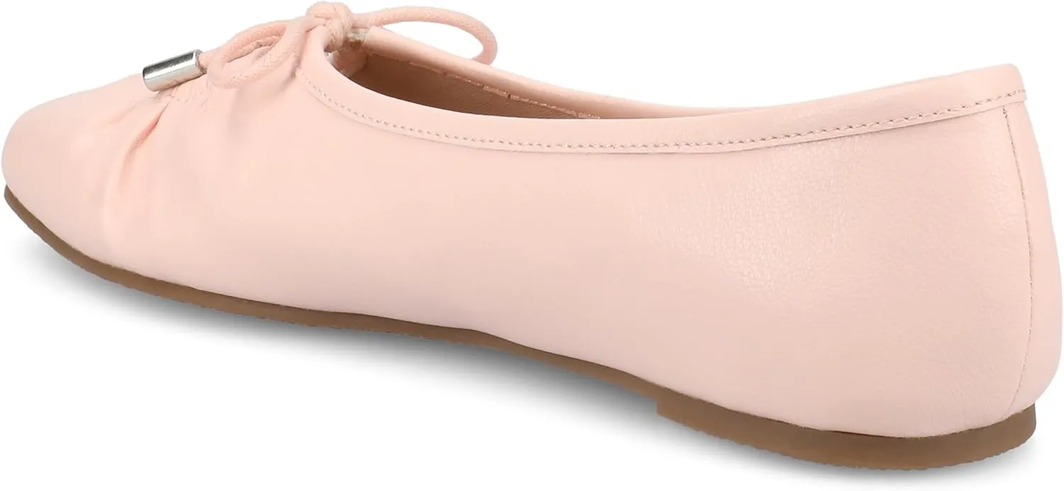 Journee Collection Womens Callee Ruched Ballet Dress Flats with Bow Cushioned Slip On Soft Square Toe Fashion Shoe