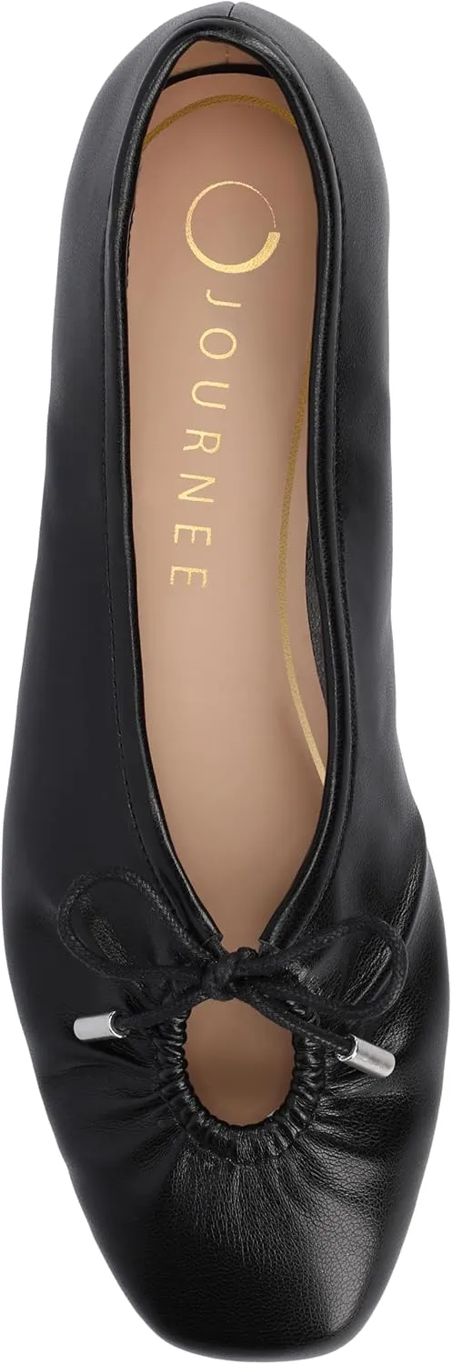 Journee Collection Womens Callee Ruched Ballet Dress Flats with Bow Cushioned Slip On Soft Square Toe Fashion Shoe