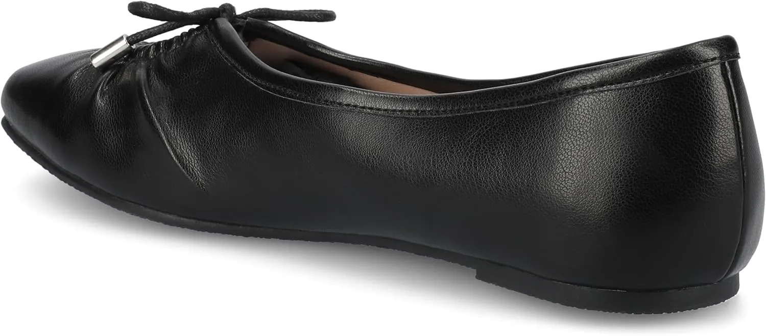 Journee Collection Womens Callee Ruched Ballet Dress Flats with Bow Cushioned Slip On Soft Square Toe Fashion Shoe
