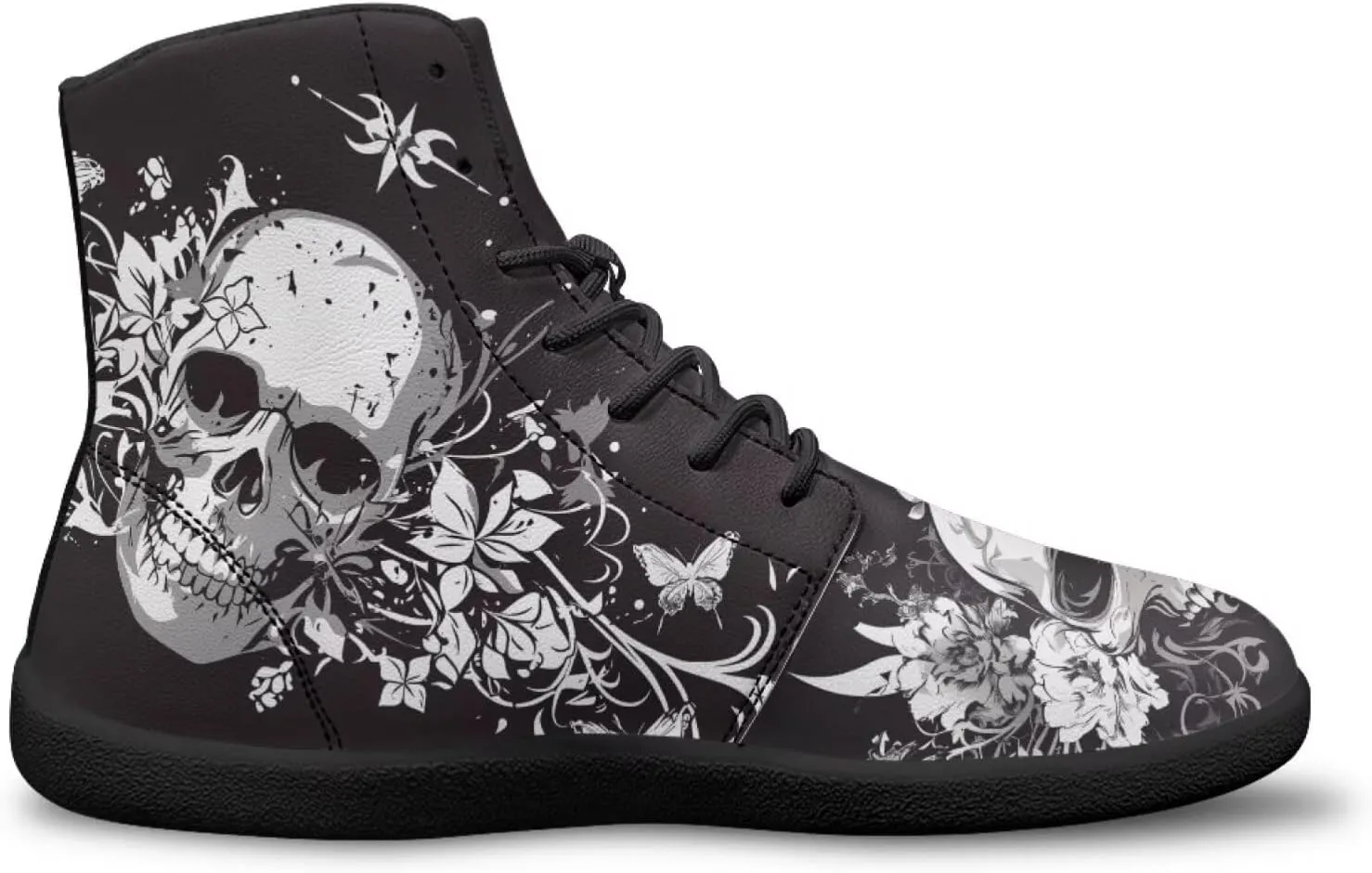 JoyLamoria Skull Platform Sneakers Casual Hi Sneakers Lace up High Top Shoes Hip Hop Gothic Leather Shoes,Black