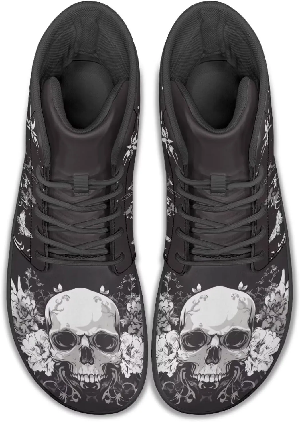JoyLamoria Skull Platform Sneakers Casual Hi Sneakers Lace up High Top Shoes Hip Hop Gothic Leather Shoes,Black