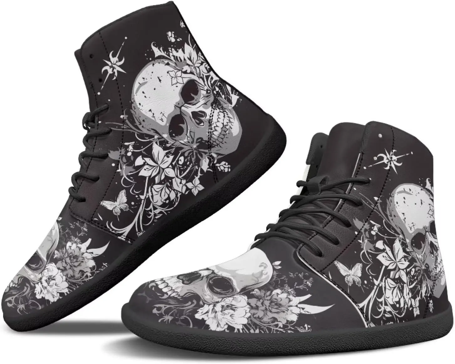 JoyLamoria Skull Platform Sneakers Casual Hi Sneakers Lace up High Top Shoes Hip Hop Gothic Leather Shoes,Black