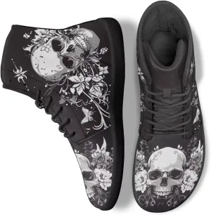 JoyLamoria Skull Platform Sneakers Casual Hi Sneakers Lace up High Top Shoes Hip Hop Gothic Leather Shoes,Black