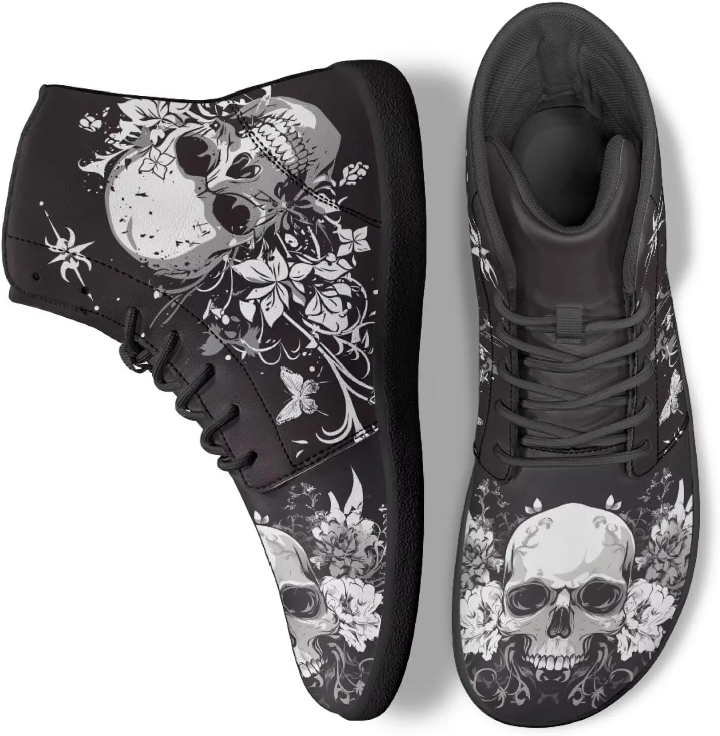 JoyLamoria Skull Platform Sneakers Casual Hi Sneakers Lace up High Top Shoes Hip Hop Gothic Leather Shoes,Black