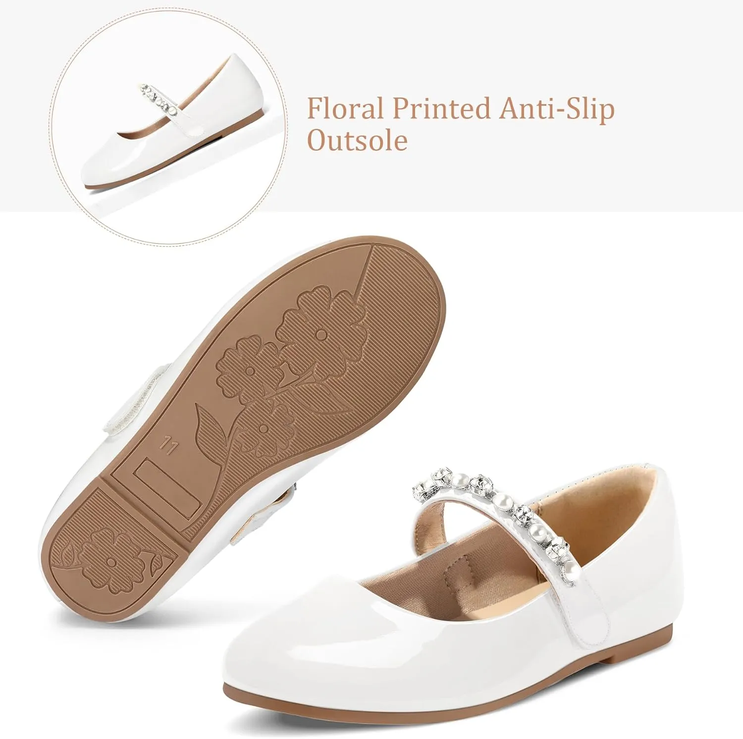 K KomForme Girl Toddler/Little Kid/Big Kid Ballet Flats Pearl Rhinestone Mary Jane Slip-on Party School Princess Flower Wedding Dress Shoes