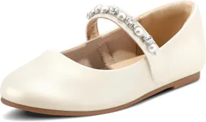 K KomForme Girl Toddler/Little Kid/Big Kid Ballet Flats Pearl Rhinestone Mary Jane Slip-on Party School Princess Flower Wedding Dress Shoes