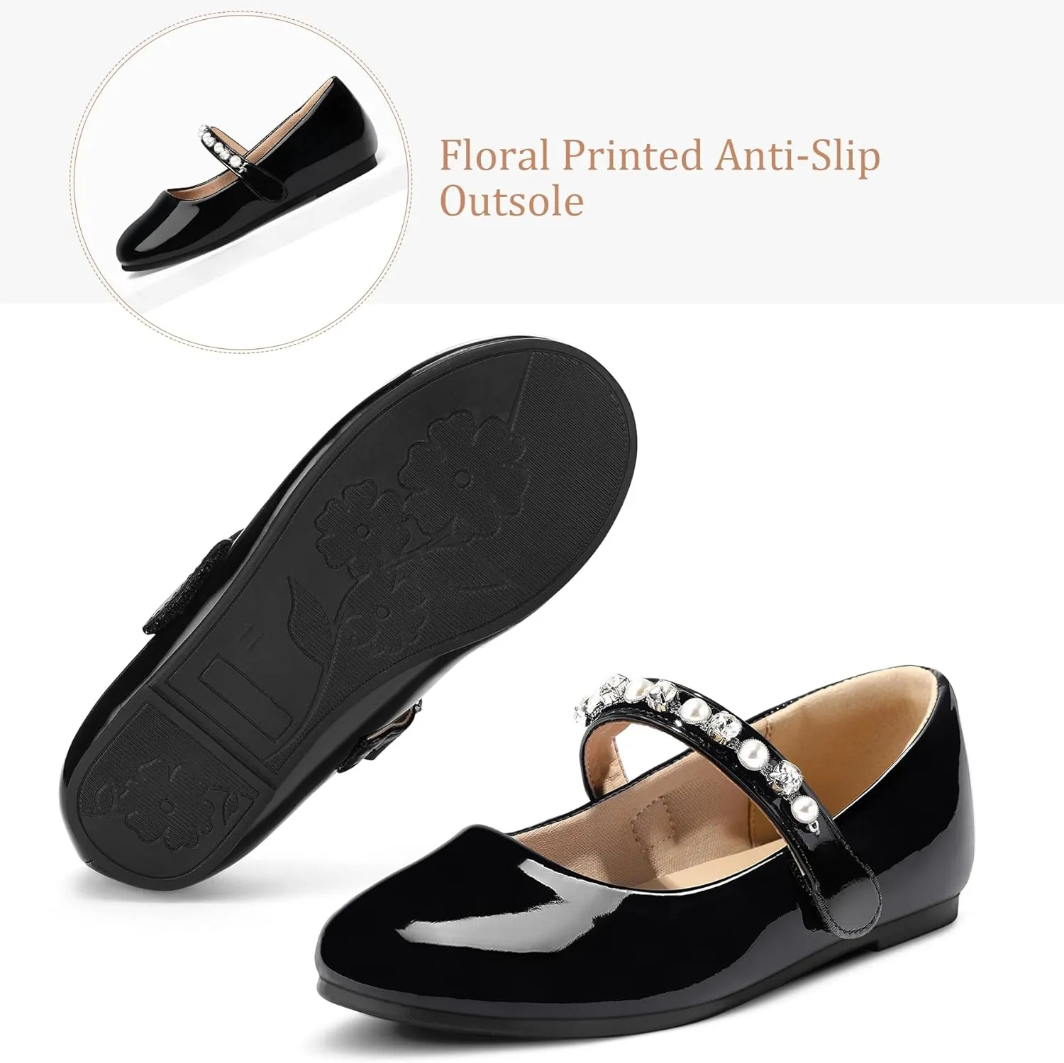 K KomForme Girl Toddler/Little Kid/Big Kid Ballet Flats Pearl Rhinestone Mary Jane Slip-on Party School Princess Flower Wedding Dress Shoes