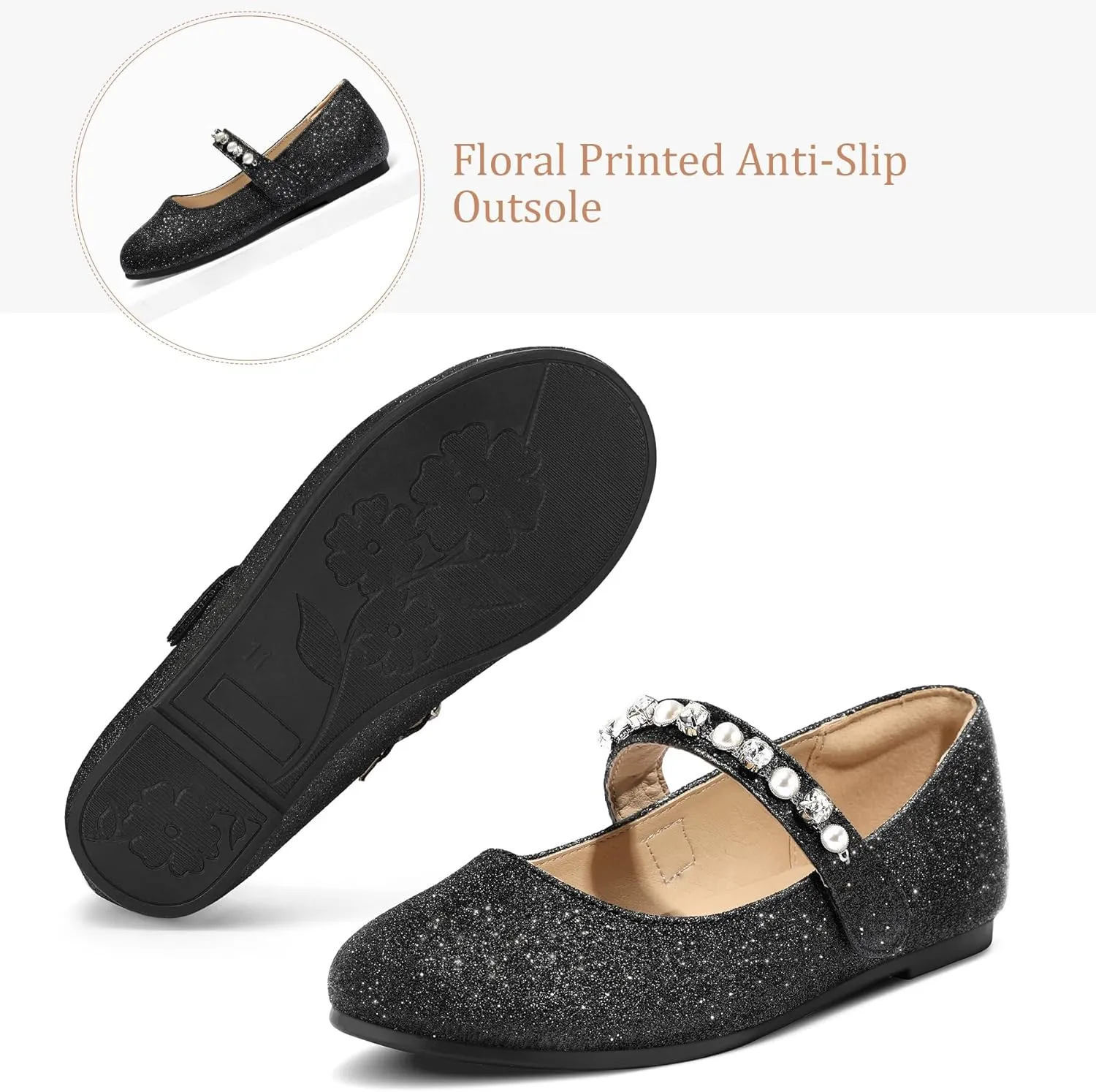 K KomForme Girl Toddler/Little Kid/Big Kid Ballet Flats Pearl Rhinestone Mary Jane Slip-on Party School Princess Flower Wedding Dress Shoes