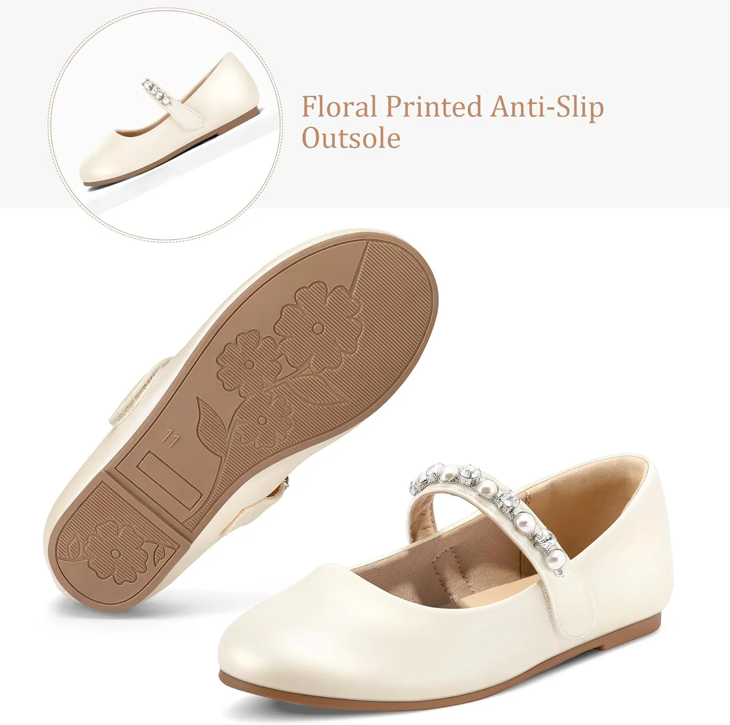 K KomForme Girl Toddler/Little Kid/Big Kid Ballet Flats Pearl Rhinestone Mary Jane Slip-on Party School Princess Flower Wedding Dress Shoes