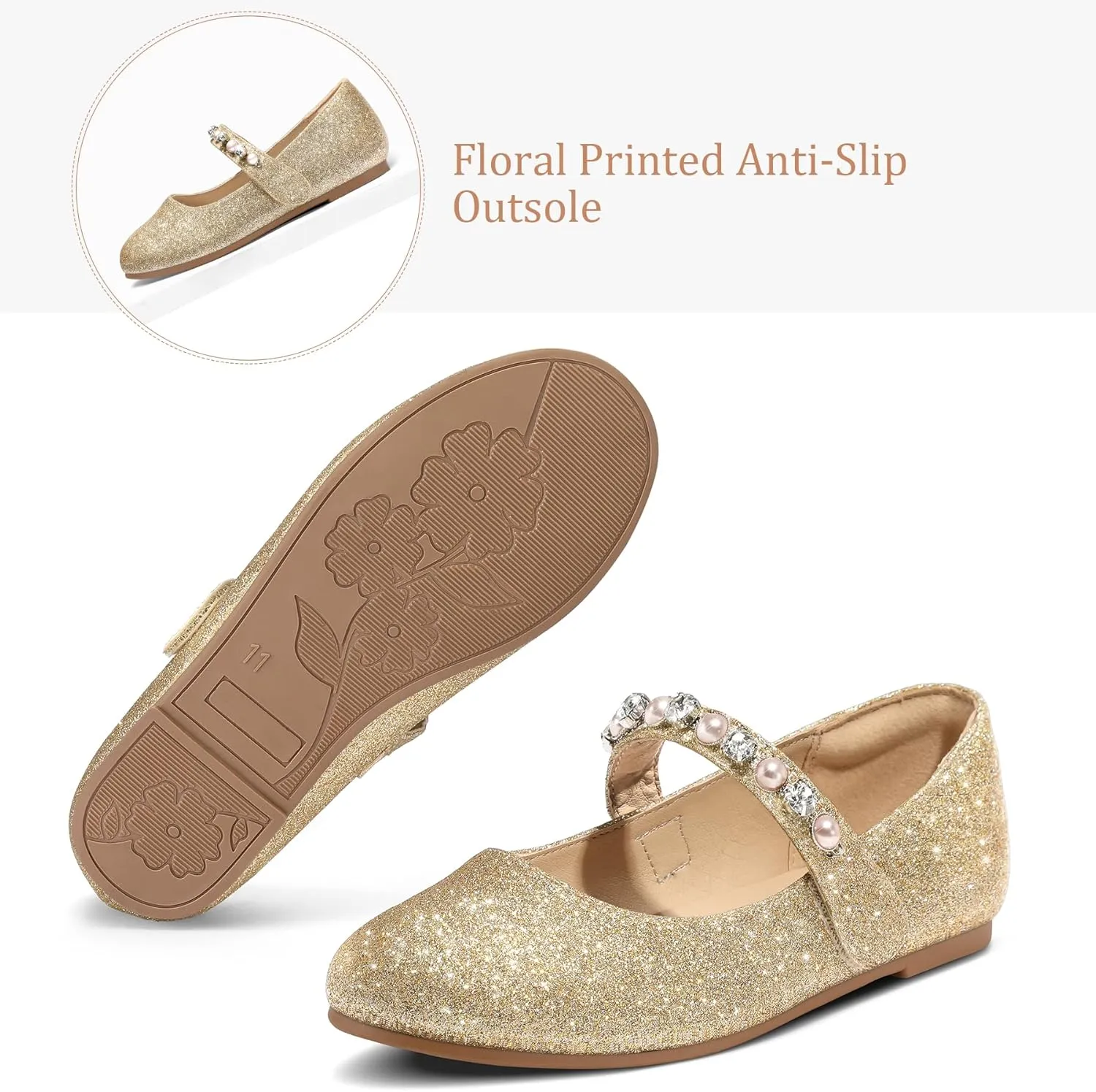K KomForme Girl Toddler/Little Kid/Big Kid Ballet Flats Pearl Rhinestone Mary Jane Slip-on Party School Princess Flower Wedding Dress Shoes