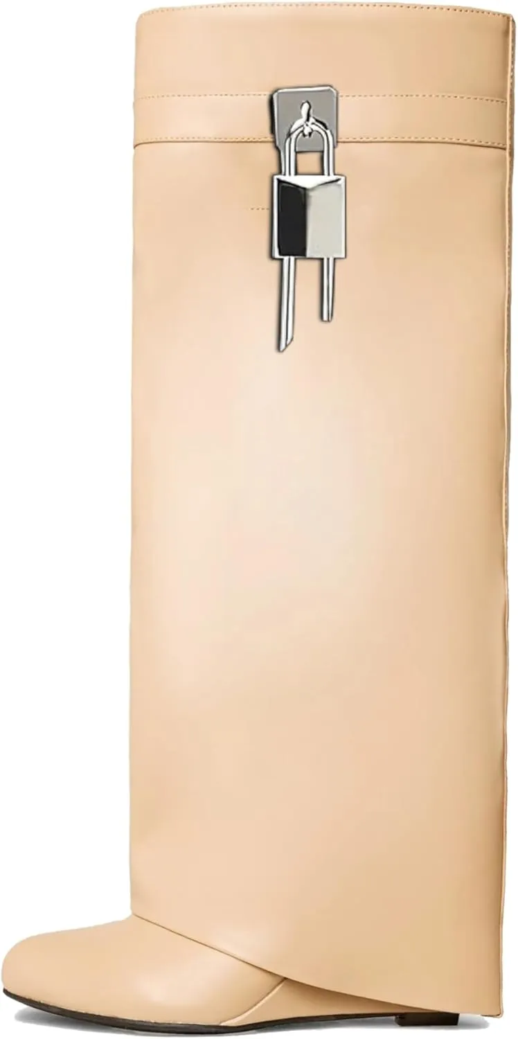 keleimusi Fold Over Wedge Boots Heeled PadLock Pant Knee High Shoes Tall/Short Booties in Beige