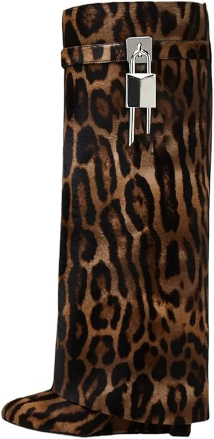 keleimusi Fold Over Wedge Boots Heeled PadLock Pant Knee High Shoes Tall/Short Booties in Black