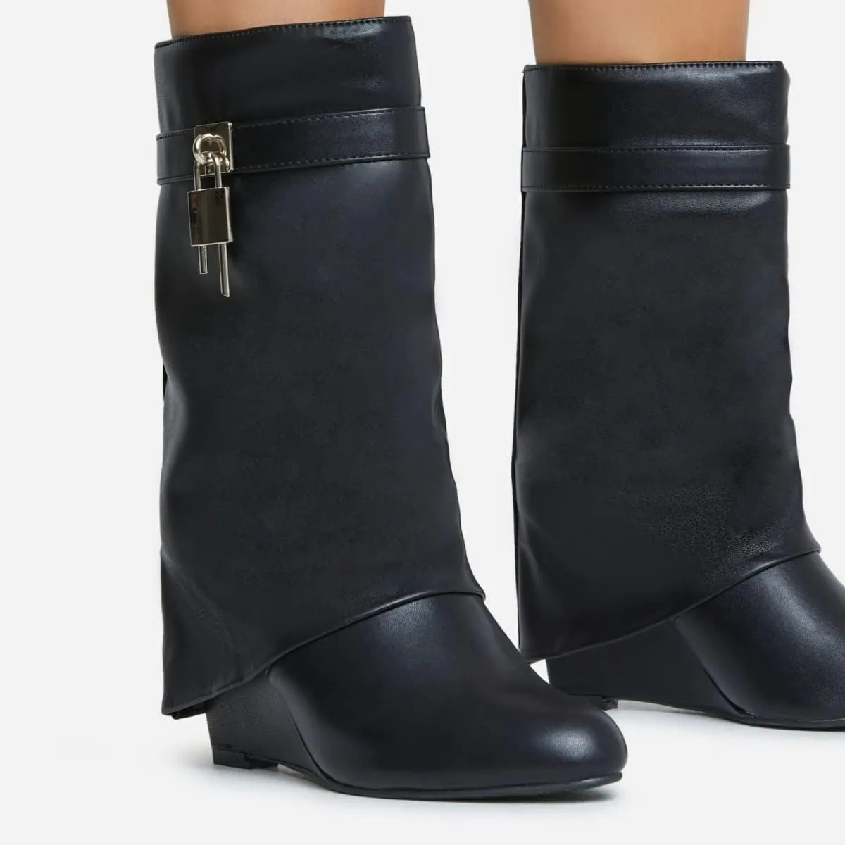keleimusi Fold Over Wedge Boots Heeled PadLock Pant Knee High Shoes Tall/Short Booties in Black
