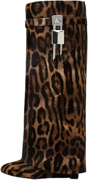 keleimusi Fold Over Wedge Boots Heeled PadLock Pant Knee High Shoes Tall/Short Booties in Black