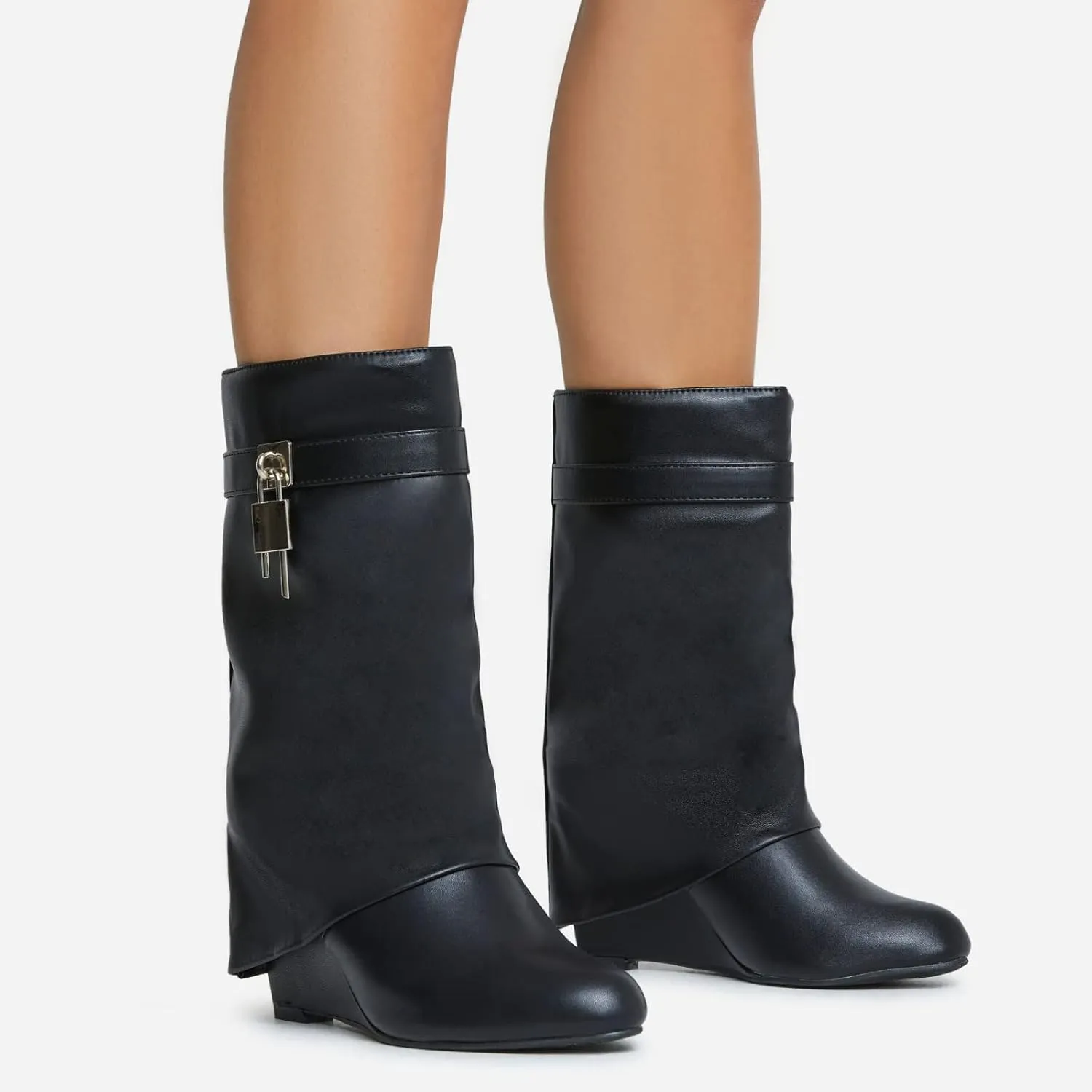 keleimusi Fold Over Wedge Boots Heeled PadLock Pant Knee High Shoes Tall/Short Booties in Black