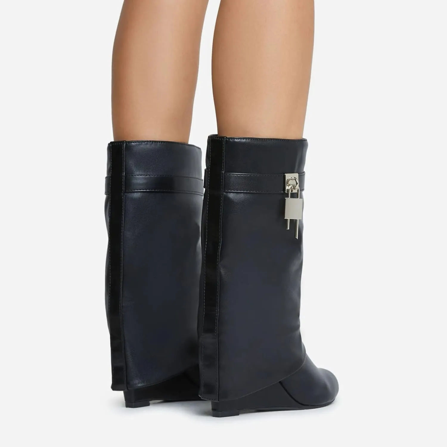 keleimusi Fold Over Wedge Boots Heeled PadLock Pant Knee High Shoes Tall/Short Booties in Black