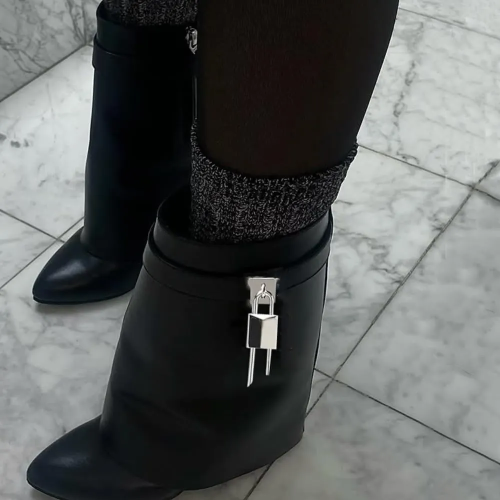 keleimusi Fold Over Wedge Boots Heeled PadLock Pant Knee High Shoes Tall/Short Booties in Black