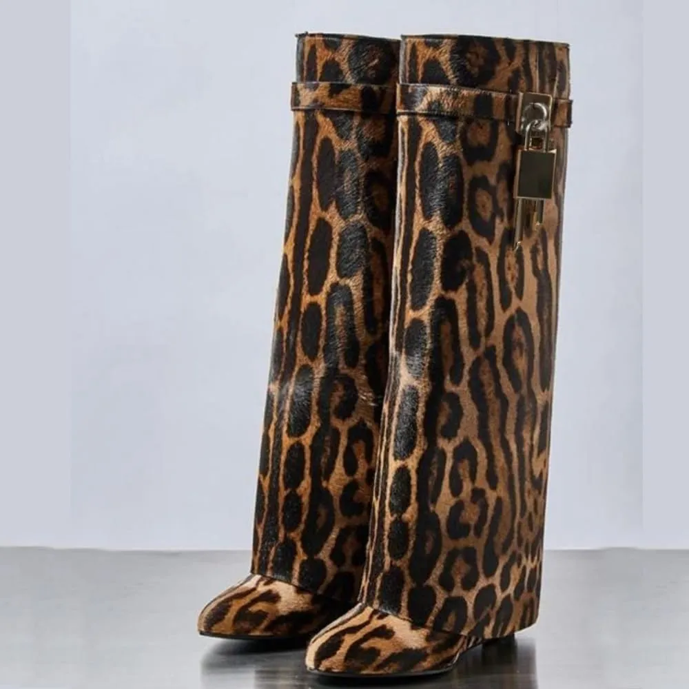 keleimusi Fold Over Wedge Boots Heeled PadLock Pant Knee High Shoes Tall/Short Booties in Black