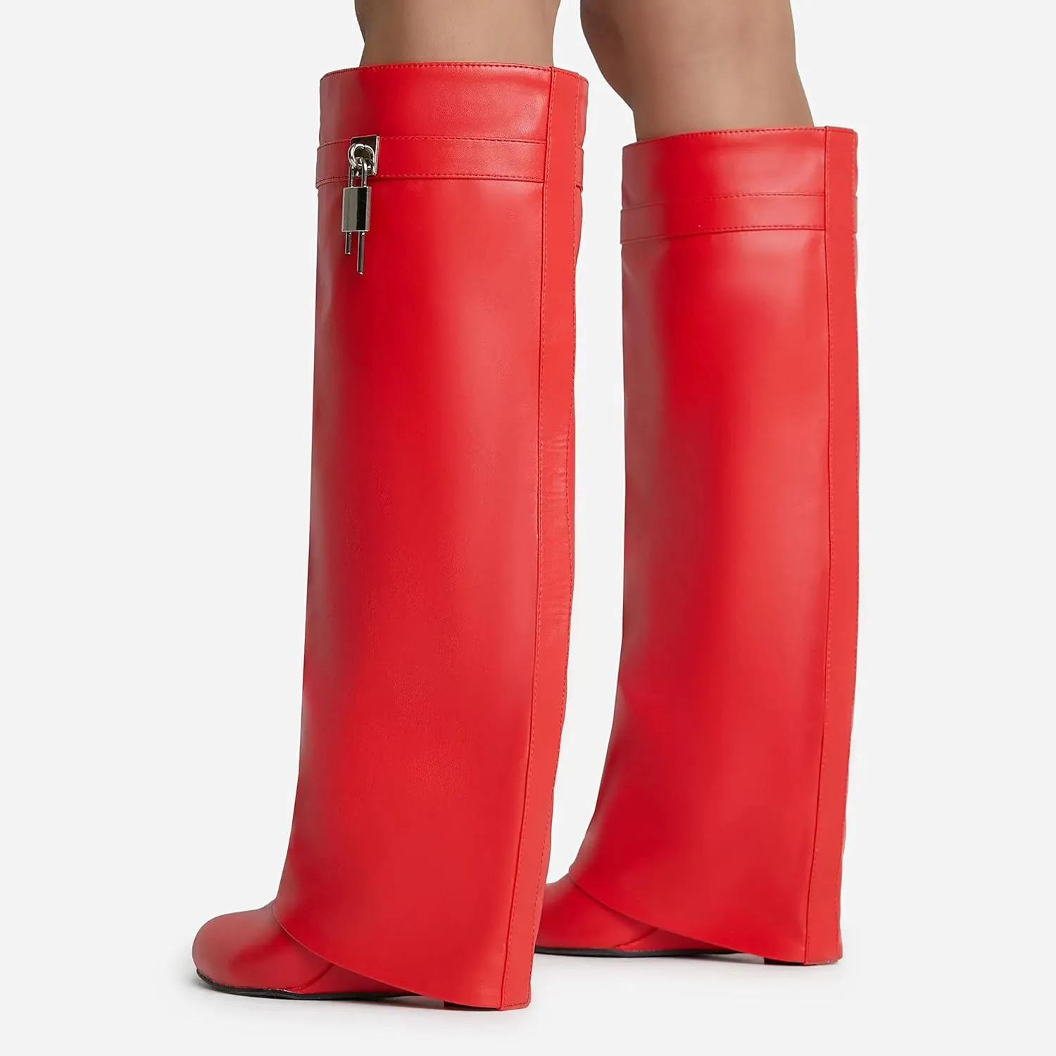 keleimusi Fold Over Wedge Boots Heeled PadLock Pant Knee High Shoes Tall/Short Booties in Black