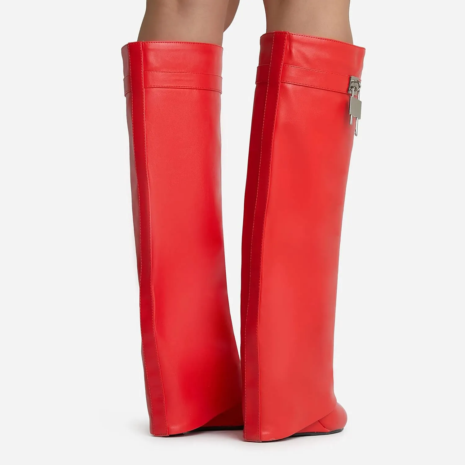 keleimusi Fold Over Wedge Boots Heeled PadLock Pant Knee High Shoes Tall/Short Booties in Black