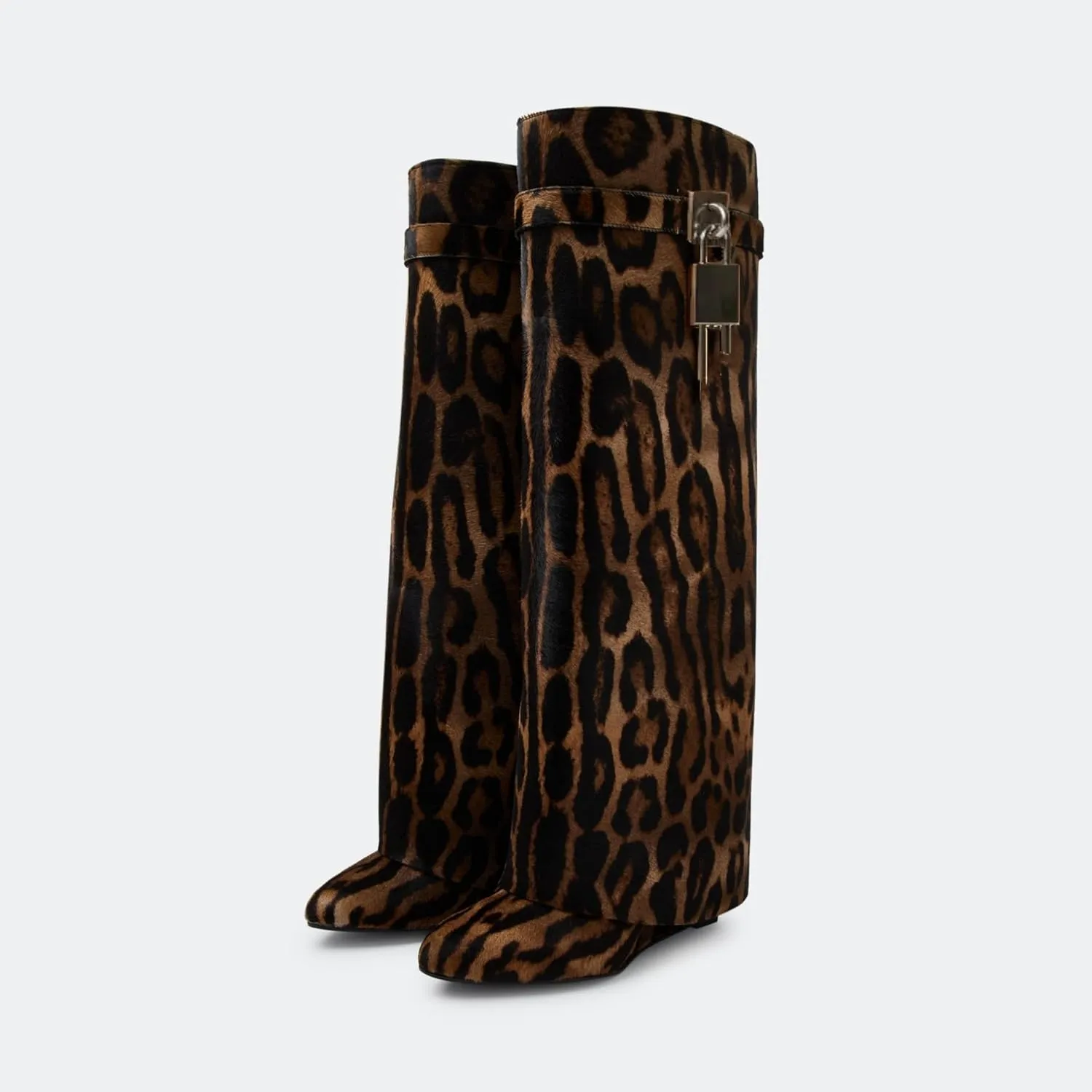 keleimusi Fold Over Wedge Boots Heeled PadLock Pant Knee High Shoes Tall/Short Booties in Black