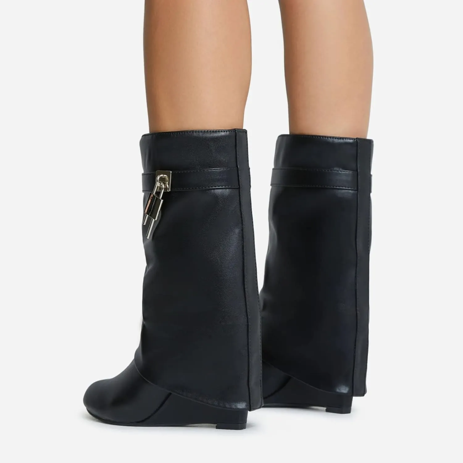 keleimusi Fold Over Wedge Boots Heeled PadLock Pant Knee High Shoes Tall/Short Booties in Black