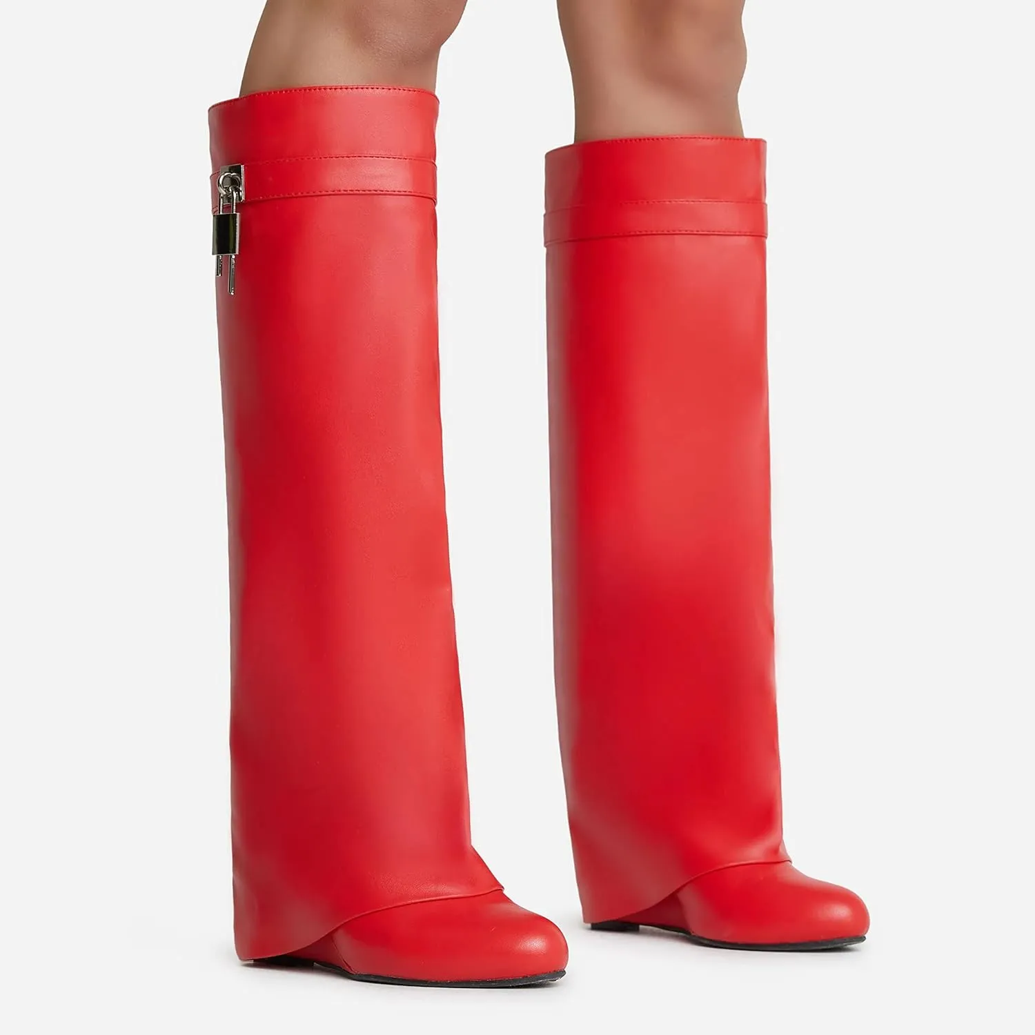 keleimusi Fold Over Wedge Boots Heeled PadLock Pant Knee High Shoes Tall/Short Booties in Black